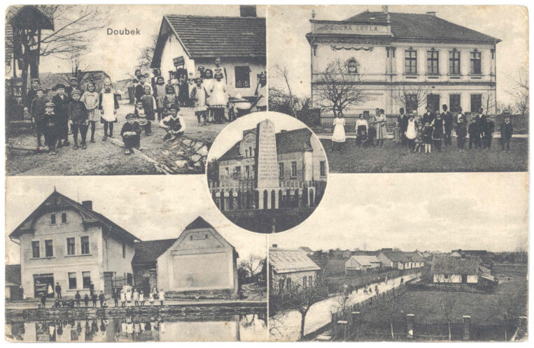 Pohlednice Doubek - obecná škola, obchod, pomník