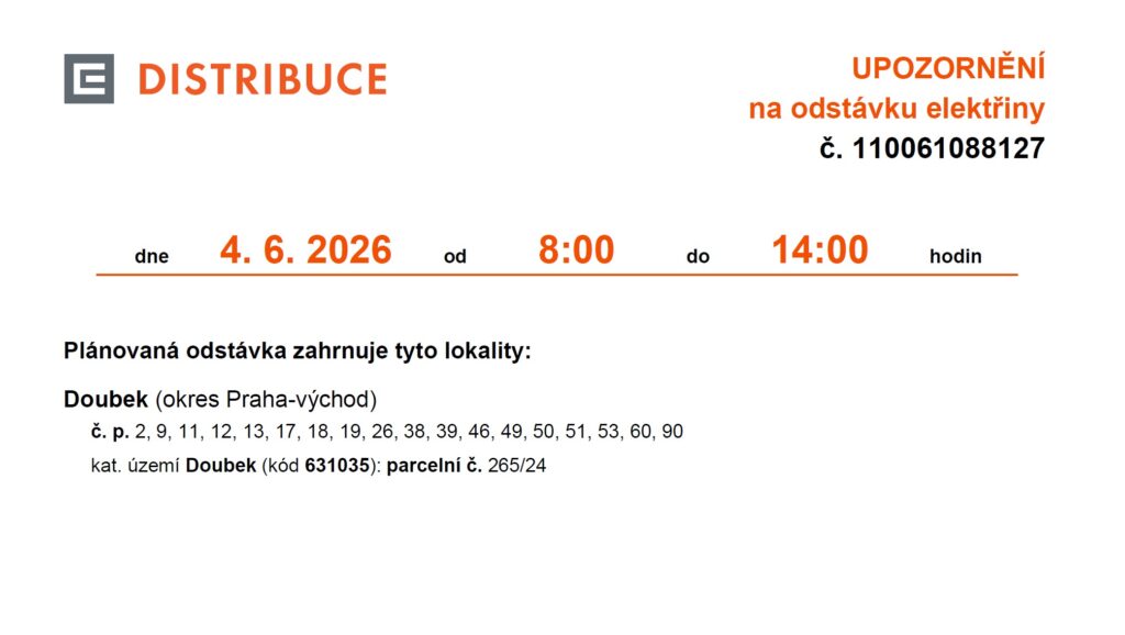 Plakát pro odstávku elektřiny (datu, čas a seznam č.p.)