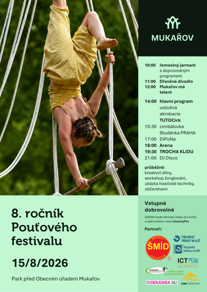Zveme na 8. ročník Pouťového festivalu Mukařov, který se uskuteční v sobotu 15. srpna 2026 v parku před Obecním úřadem v Mukařově