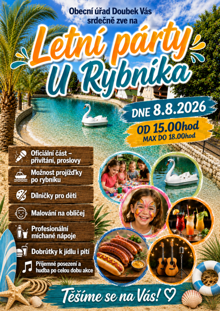 Obec Doubek Vás zve 8.8.2026 od 15:00 na Letní párty u Rybníka