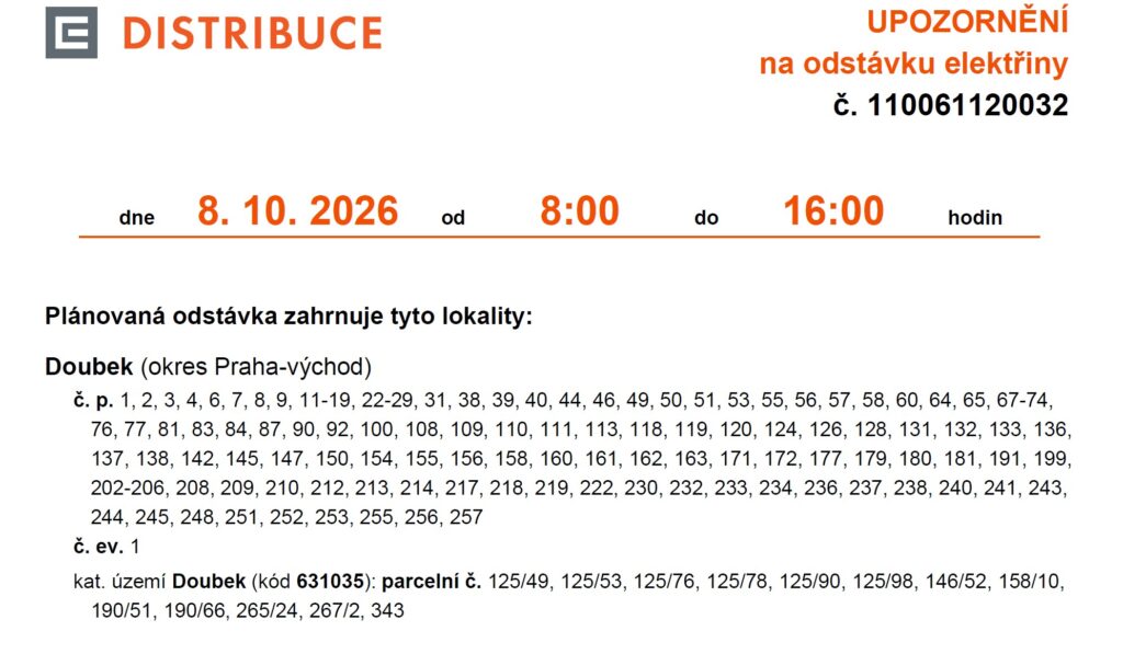 seznam č.p. k odstavce elektřiny